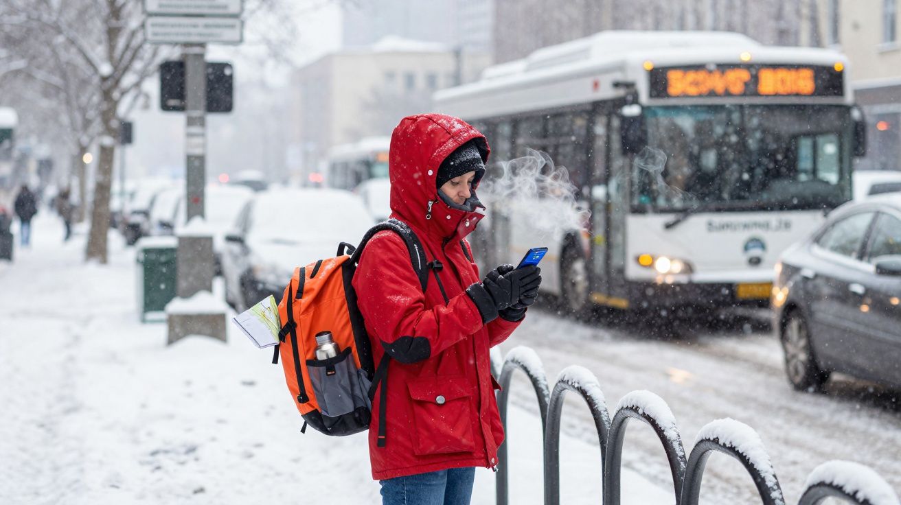 Pessoa vestida de vermelho com mochila laranja usa telemóvel numa rua nevada com autocarro ao fundo.