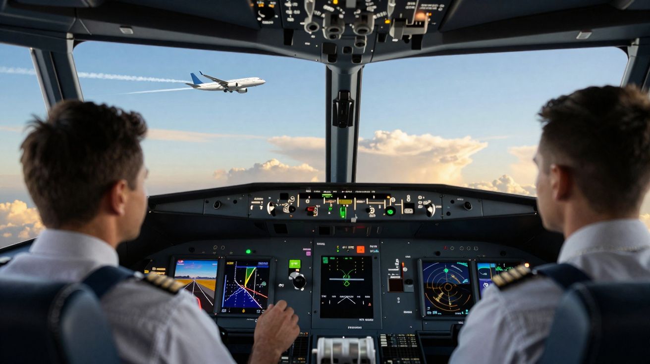 Cockpit de avião com dois pilotos a observar outro avião a voar ao longe ao pôr do sol.
