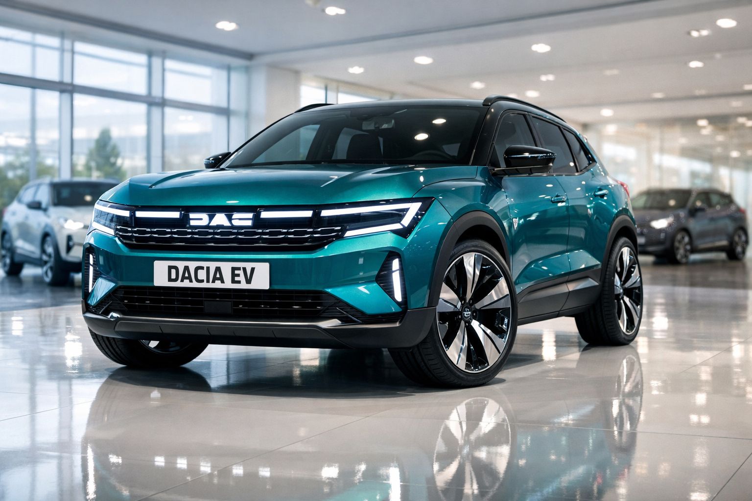 Carro elétrico Dacia EV verde, moderno, exposto numa concessionária com chão refletor.