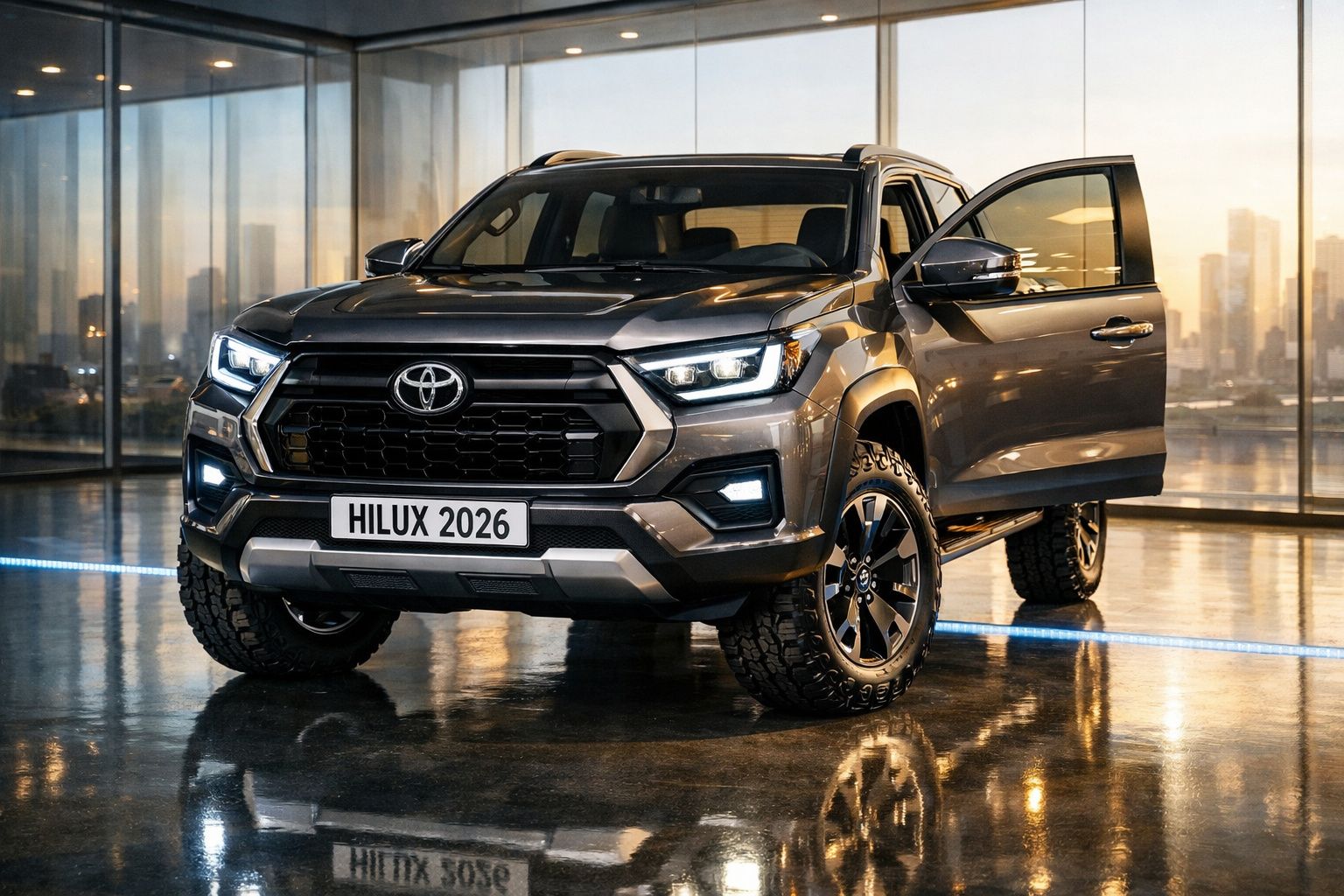 Toyota Hilux 2026 cinza com porta aberta, faróis ligados, em interior com chão refletor.
