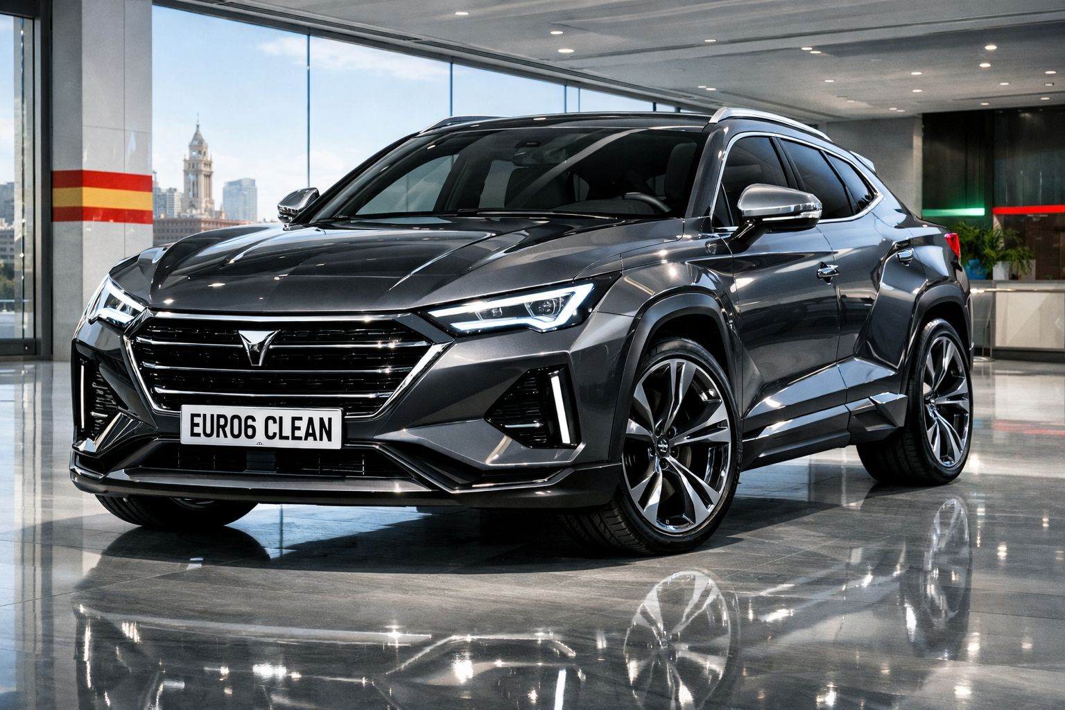 Carro SUV cinzento metálico moderno estacionado num showroom com fachada de vidro e placa EURO6 CLEAN.