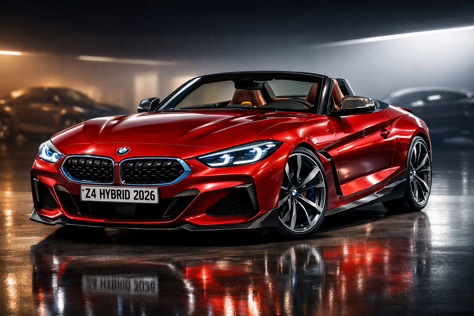 Carro desportivo conversível vermelho BMW Z4 Hybrid 2026 estacionado em espaço interior com luzes refletidas.