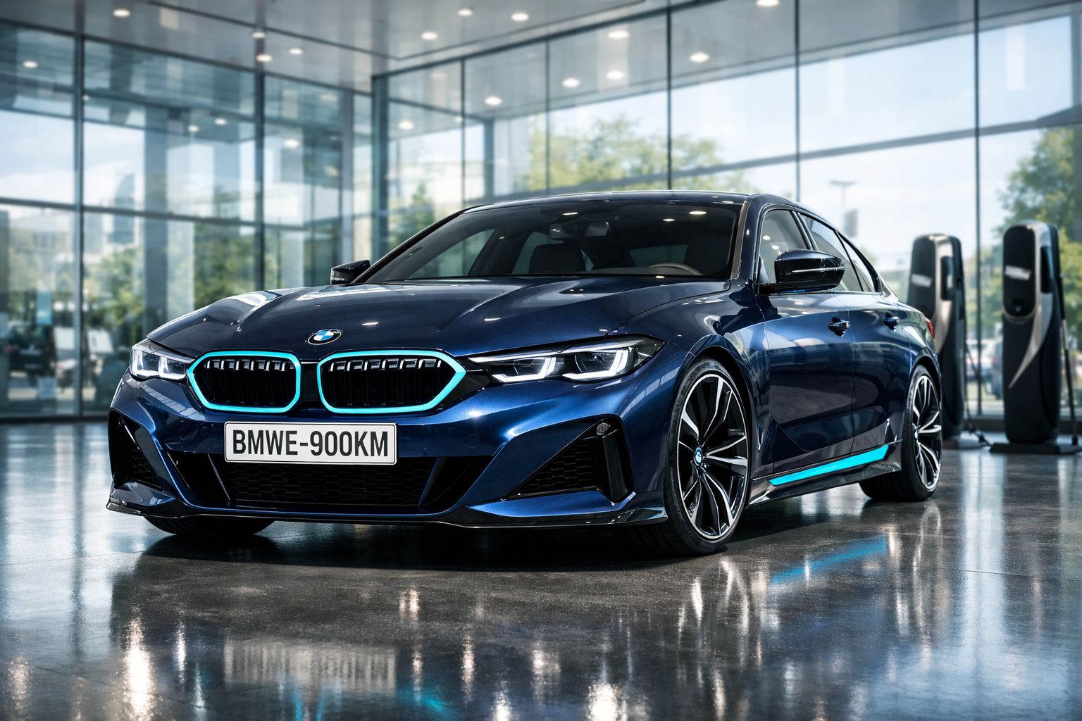 Carro BMW azul metálico estacionado em piso brilhante, em showroom com paredes de vidro e estações de carregamento.