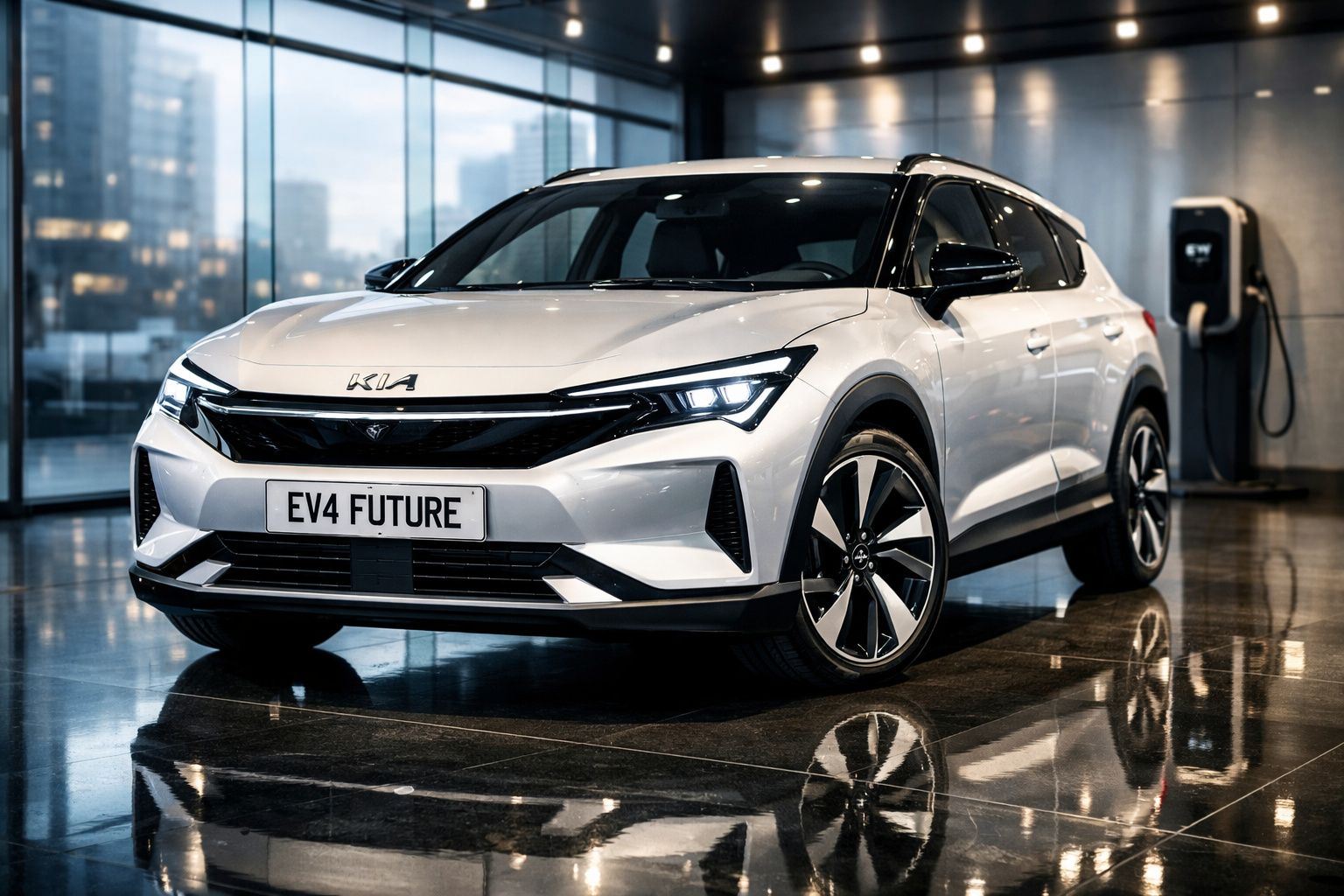 Carro elétrico Kia EV4 estacionado em salão moderno com carregador elétrico na parede.