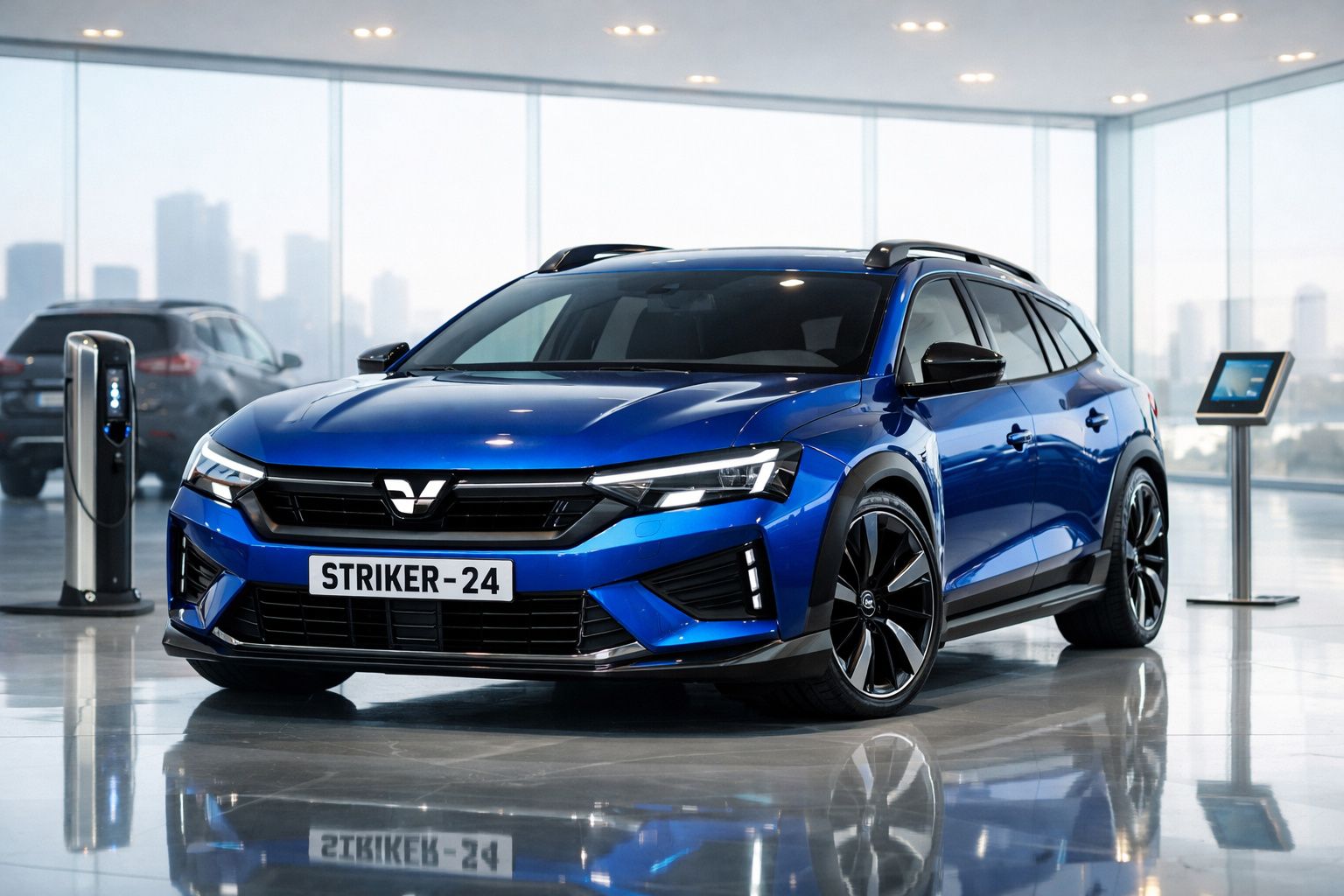 Carro elétrico azul metálico com design moderno estacionado em showroom com estação de carregamento.