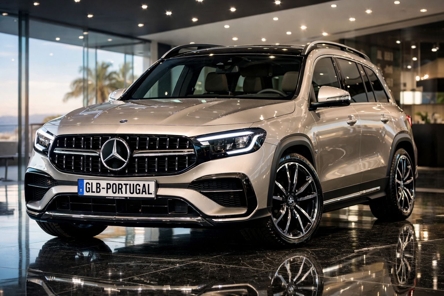 Mercedes-Benz SUV prata estacionado em piso brilhante numa exposição moderna.