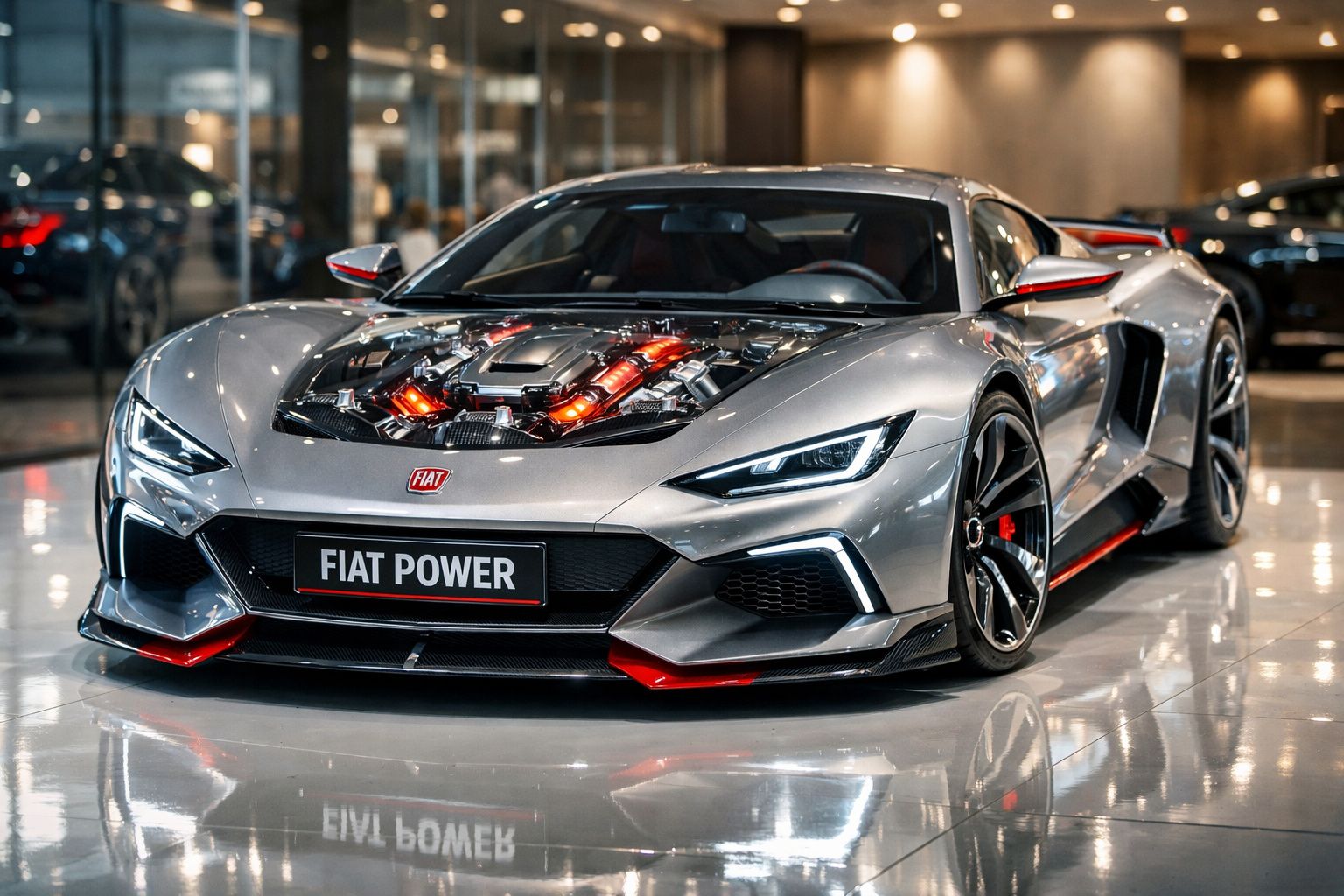 Carro desportivo cinzento Fiat com motor exposto em exibição num showroom iluminado interiormente.