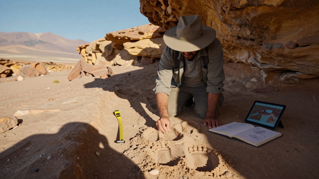 Arqueólogo a examinar pegadas fósseis na areia, com caderno e tablet, em zona árida e rochosa.