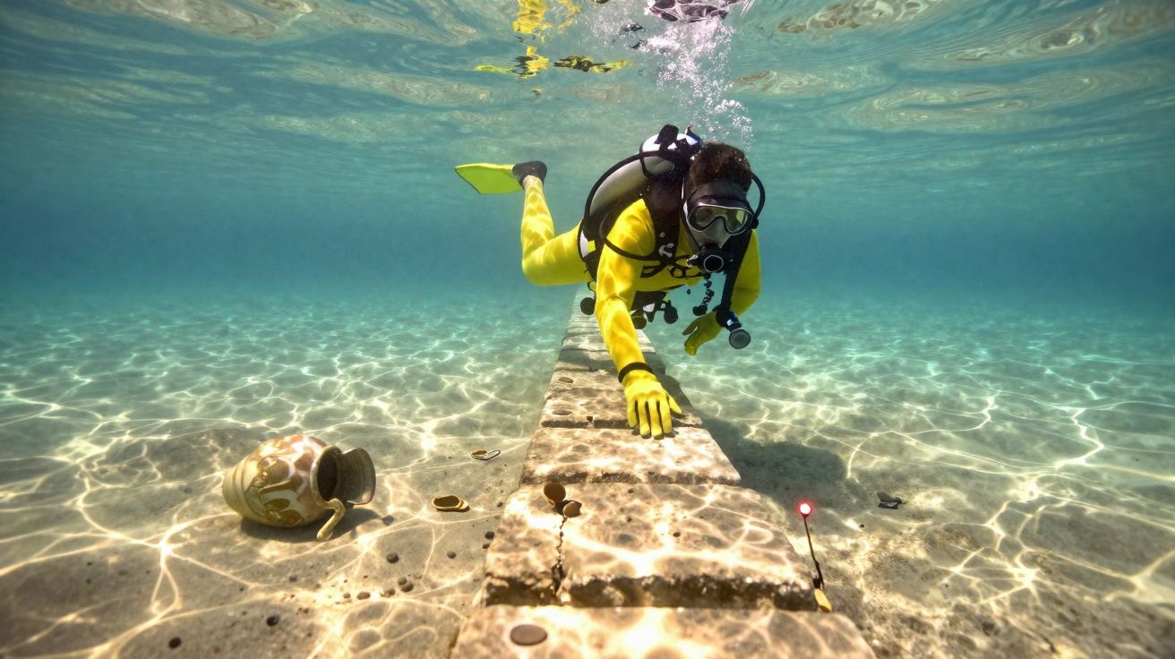 Mergulhador com fato amarelo a explorar artefactos subaquáticos num fundo de águas cristalinas.