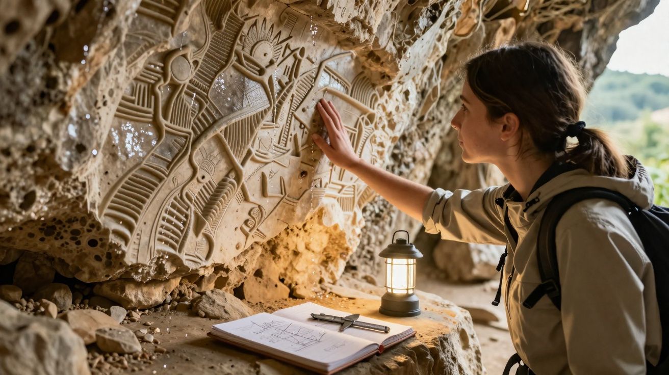 Jovem explora gravuras rupestres numa gruta, com caderno e lanterna numa pedra próxima.