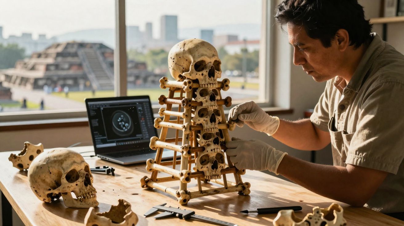 Homem trabalha com artefactos ósseos em mesa perto de janela com vista para pirâmide com degraus.
