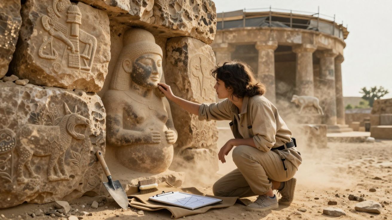 Mulher a escavar e limpar uma estátua antiga num sítio arqueológico com ruínas ao fundo.