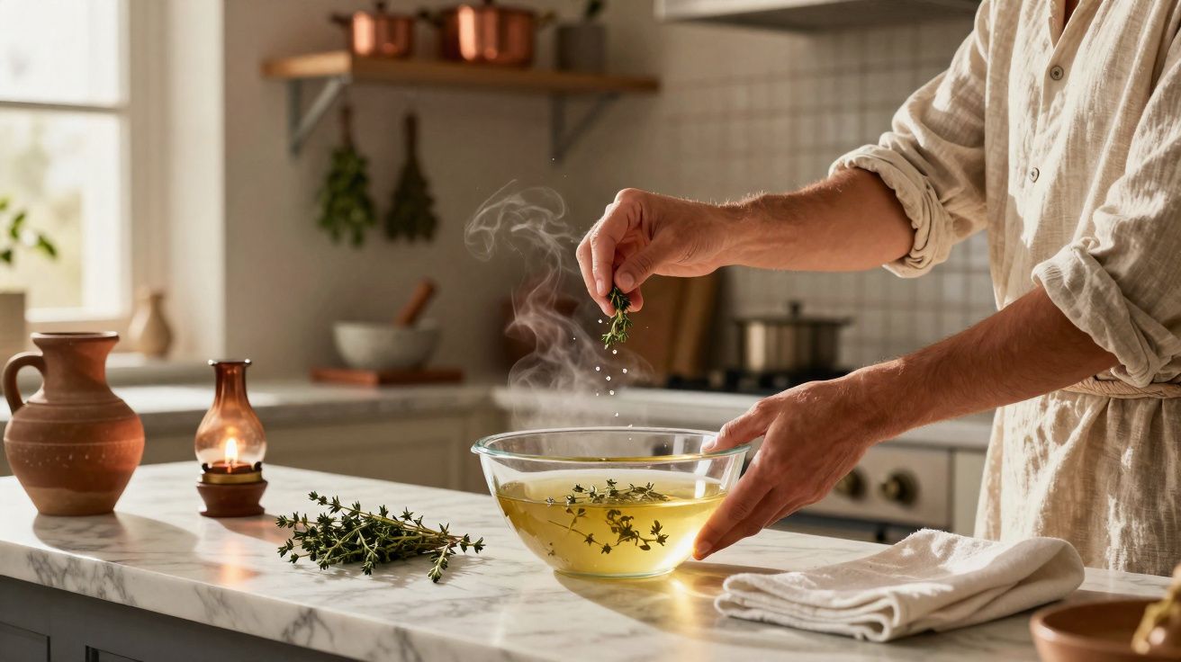 Pessoa a temperar um líquido quente com ervas aromáticas numa taça de vidro na cozinha iluminada.