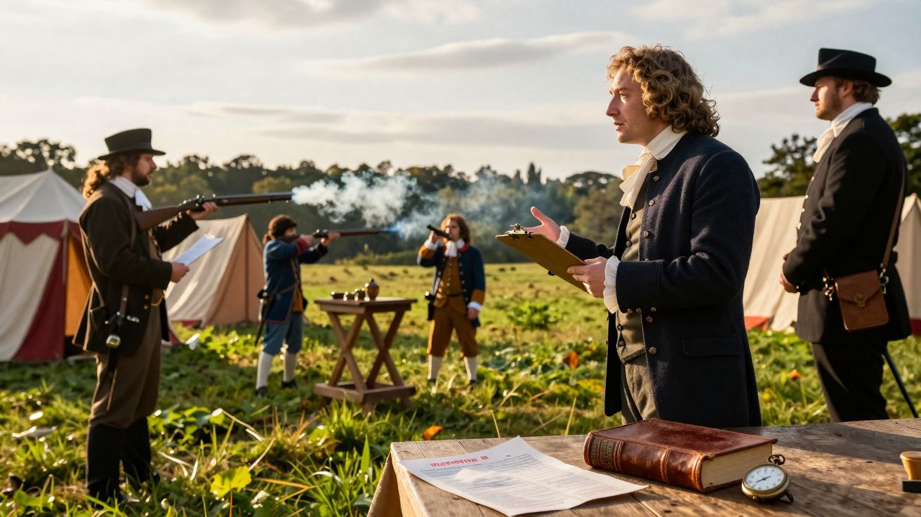 Homens em trajes históricos participam em treino de tiro ao ar livre em campo com tendas ao fundo.