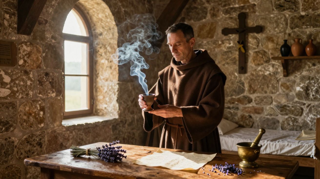 Monge em hábito castanho segurando recipiente fumegante numa sala rústica de pedra com mesa e cruz na parede.