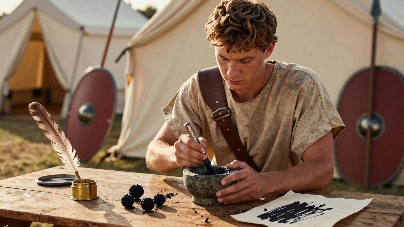 Jovem romano a moer pigmentos numa cataplasma, sentado numa mesa de madeira com tenda e escudos ao fundo.