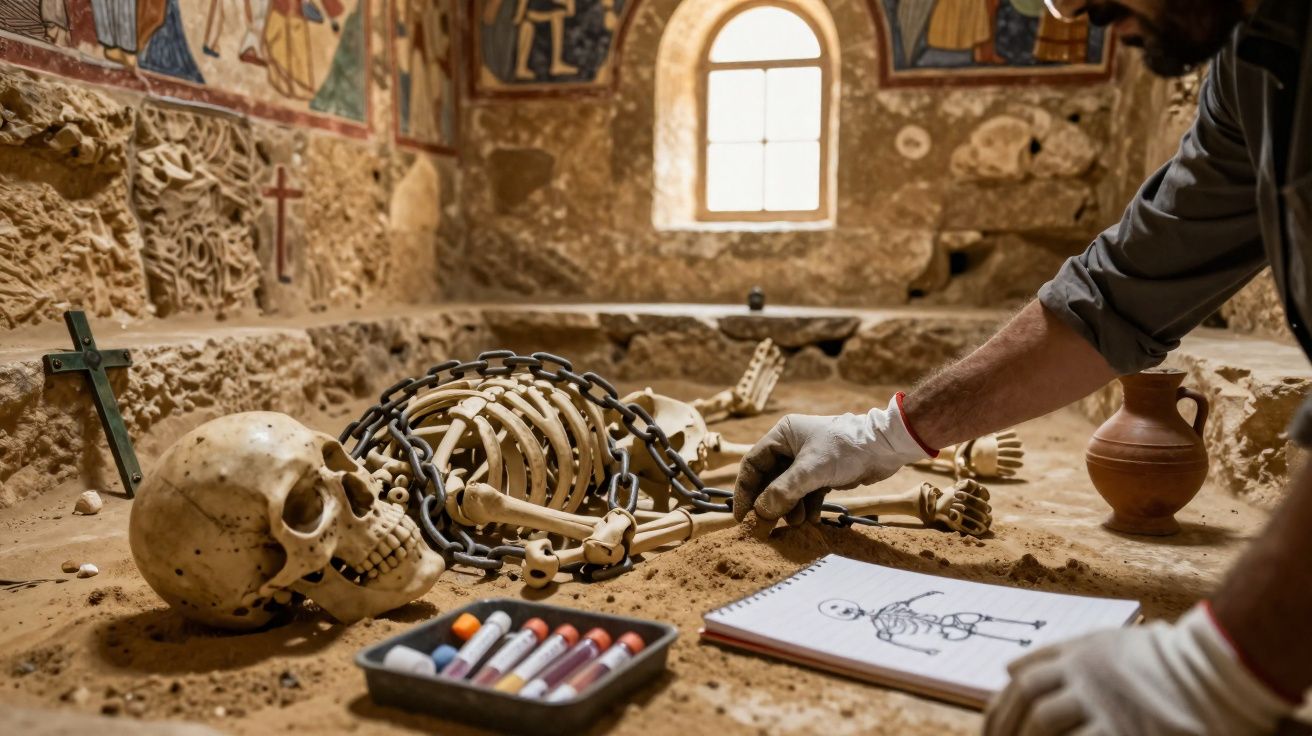 Esqueleto humano enterrado com correntes são estudados por arqueólogo num sítio histórico com pinturas murais antigas.