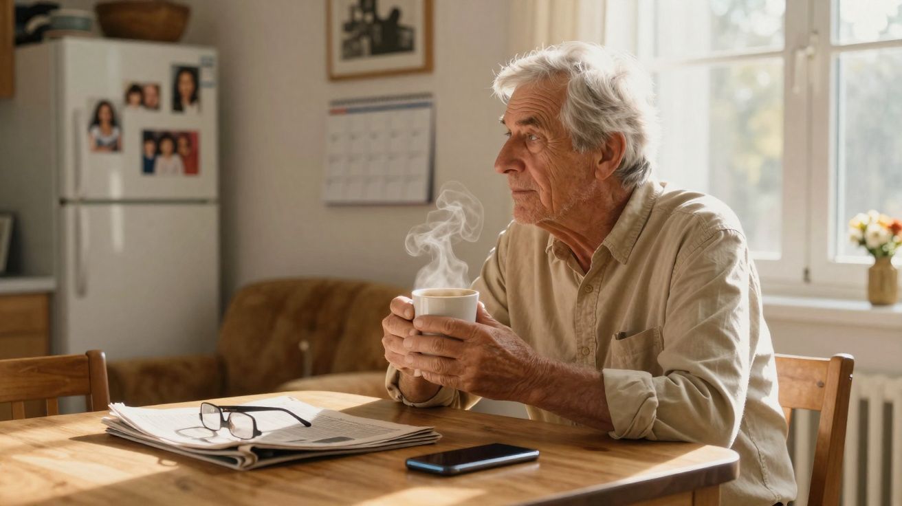 Homem idoso sentado à mesa, segurando uma chávena quente, olhando pela janela numa cozinha iluminada.