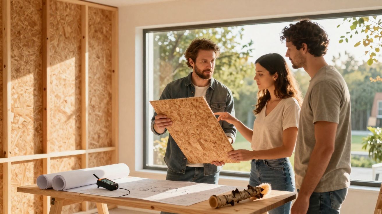 Três jovens analisam uma placa de madeira numa sala clara com projeto arquitetónico na mesa.