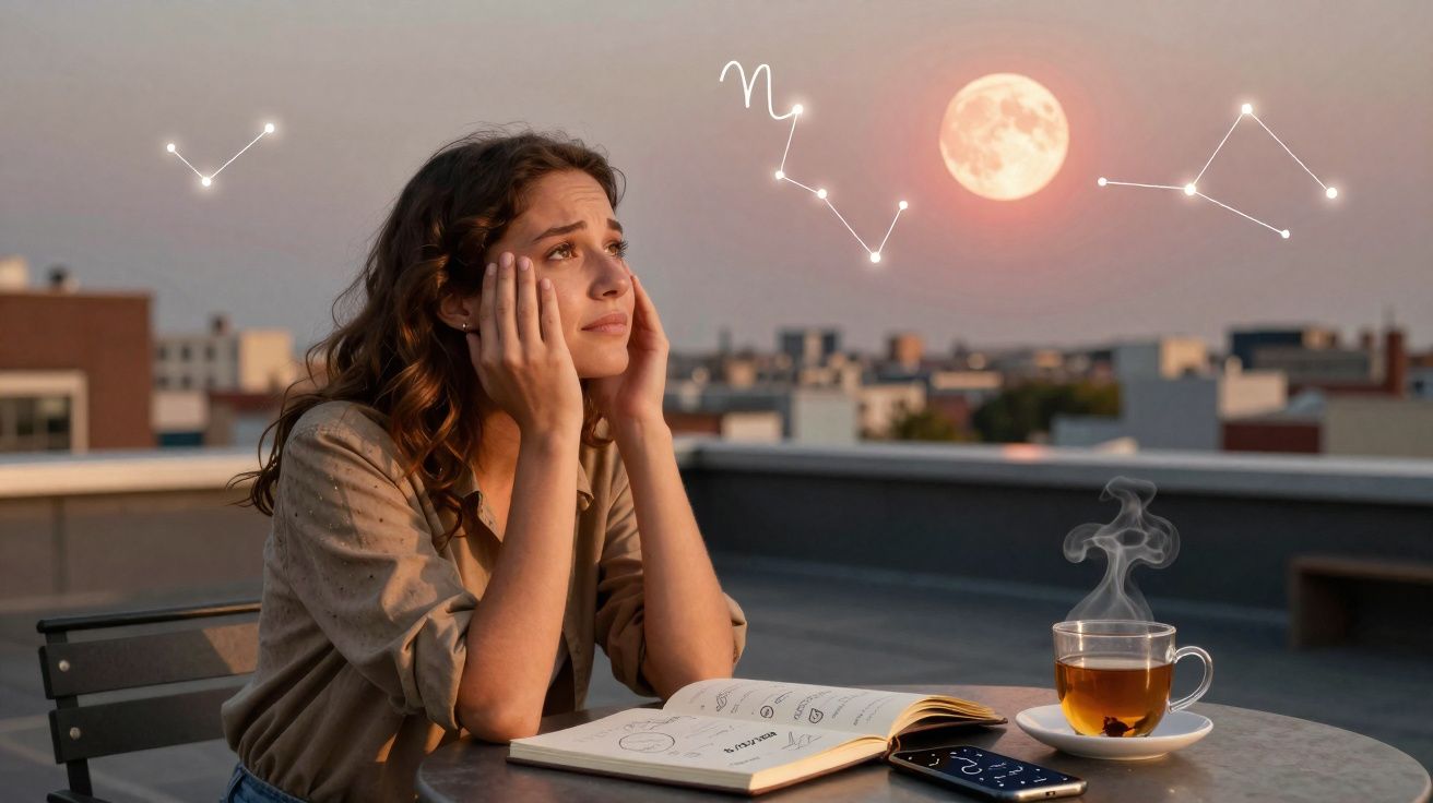 Mulher pensativa numa esplanada ao entardecer com constelações e lua cheia no céu, chá e caderno à frente.