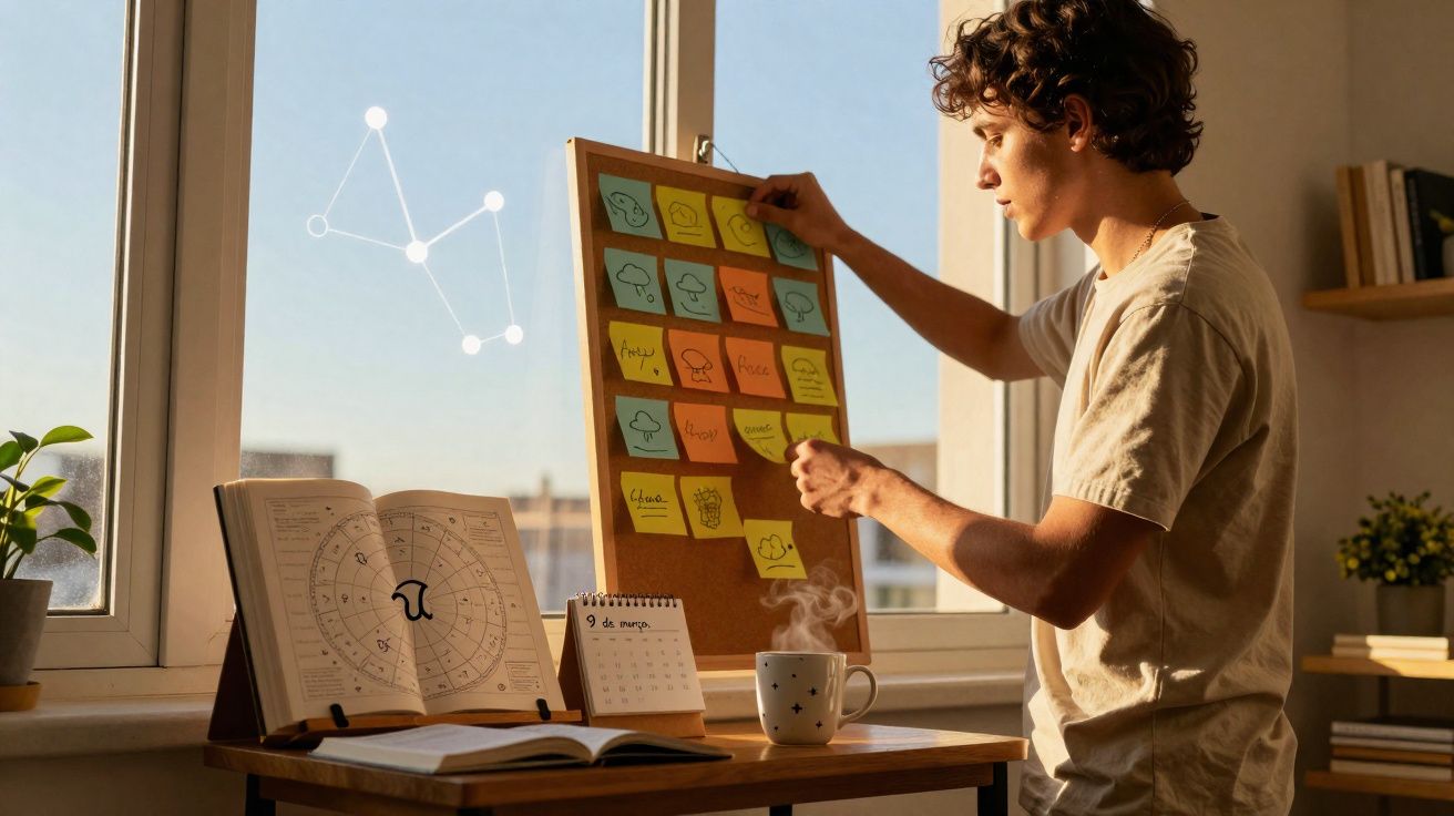 Jovem a organizar notas aderentes num quadro perto de janela, com livros e chá numa mesa iluminada pelo sol.