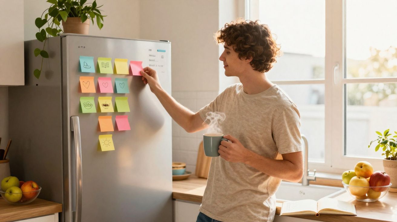 Pessoa a consultar notas coloridas coladas no frigorífico enquanto segura chá quente numa cozinha iluminada.
