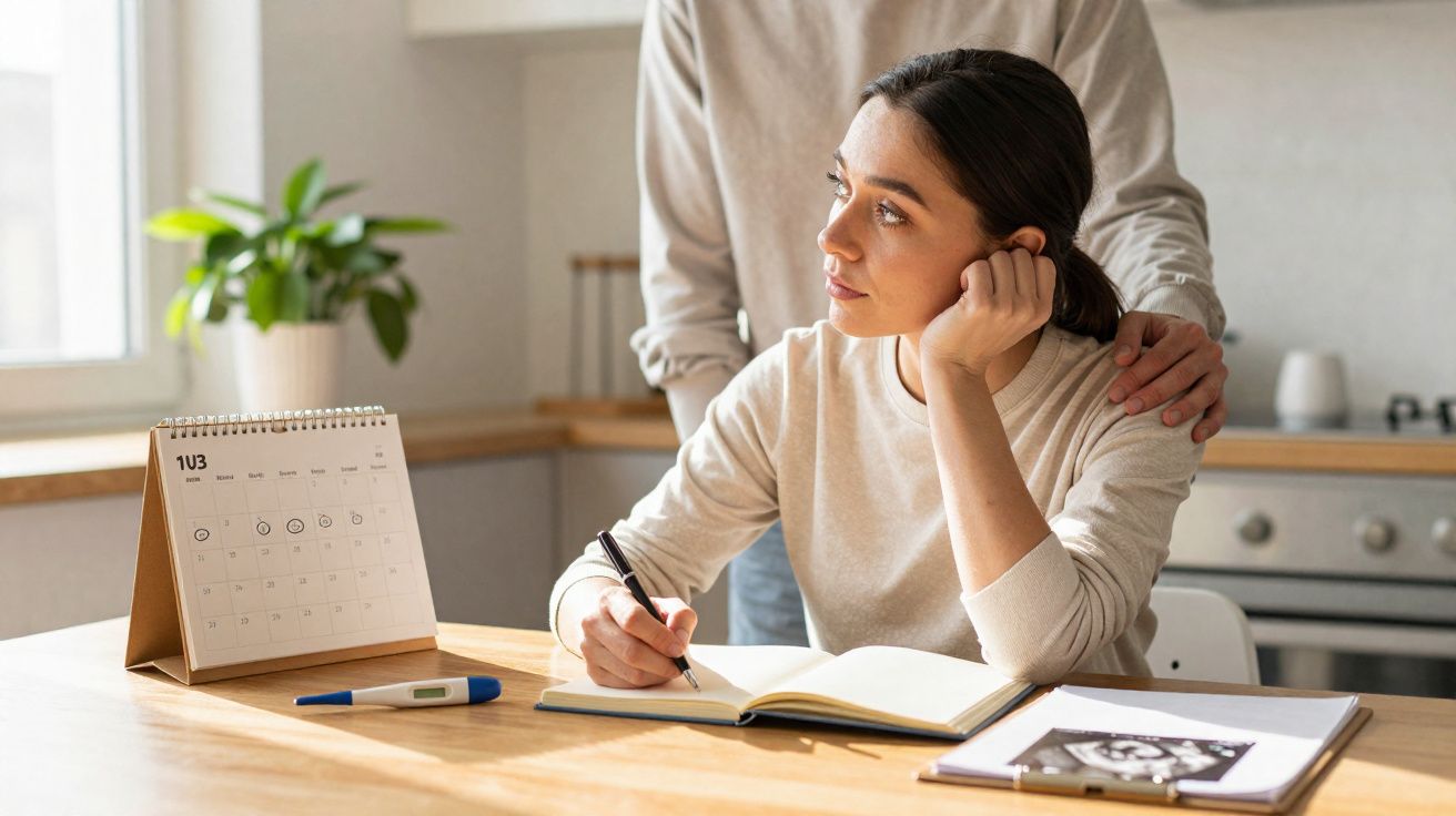 Mulher sentada a escrever num caderno com calendário, termómetro e ecografia numa mesa de cozinha.