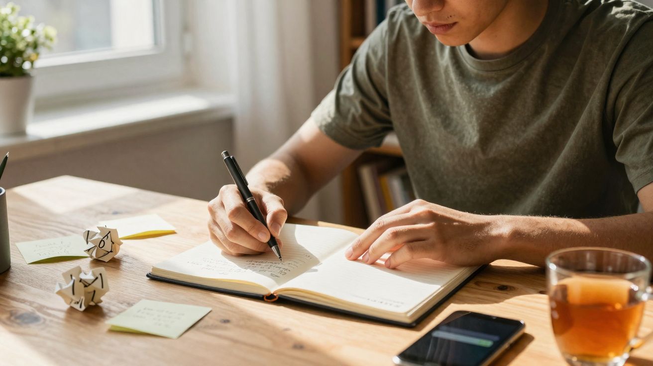 Pessoa escrevendo num caderno numa mesa com notas adesivas, bolas de papel e um copo de chá.