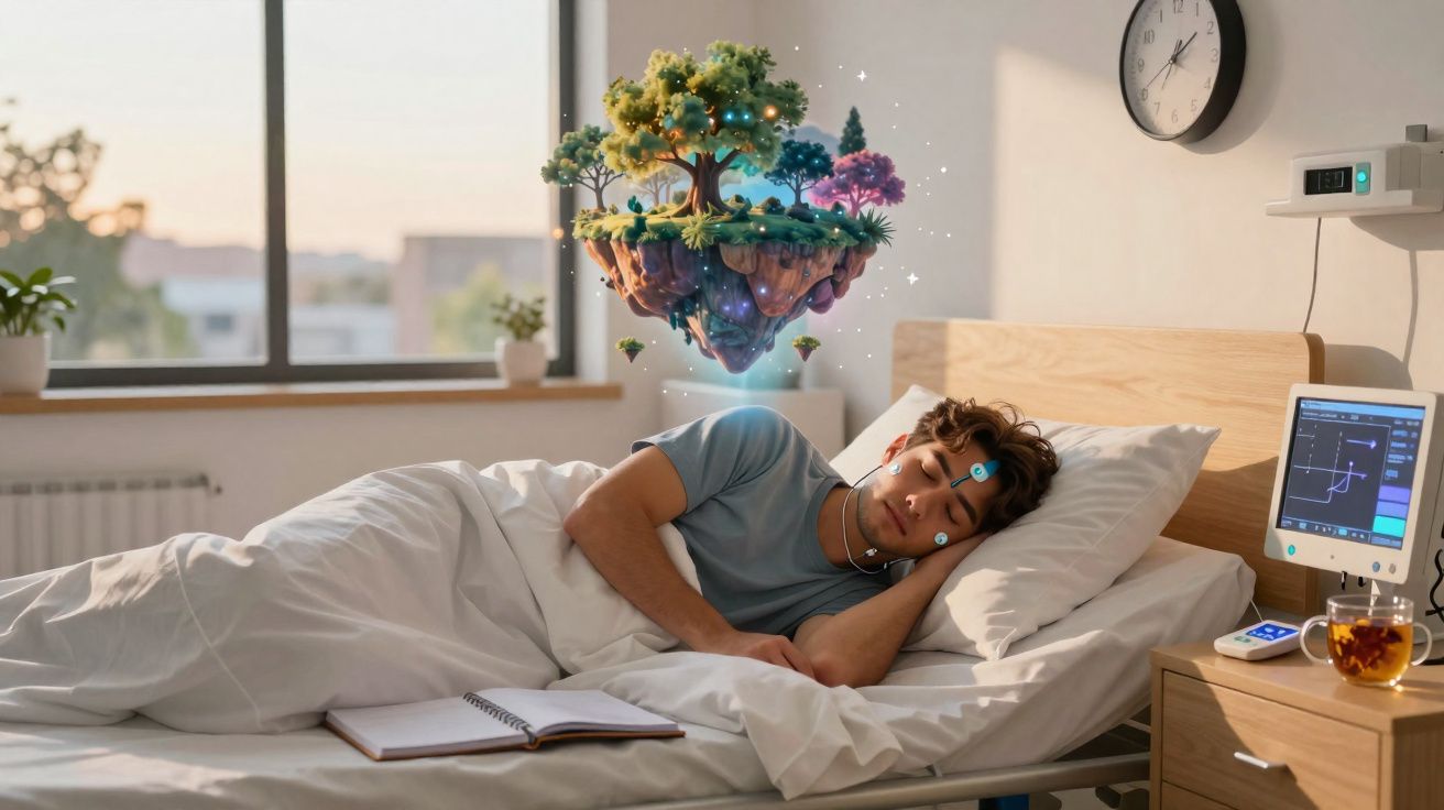 Homem a dormir monitorizado em cama de hospital com imagem mágica de ilha flutuante e árvores acima da cabeça.
