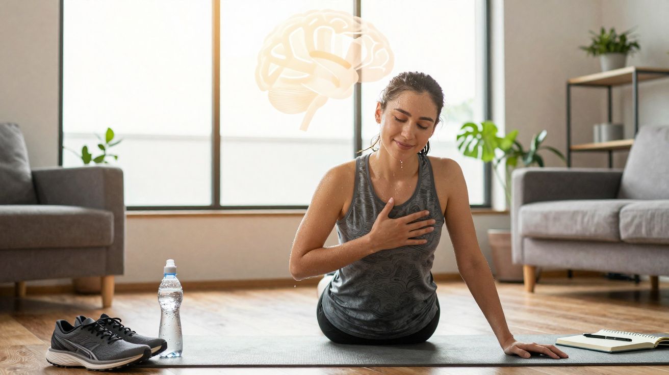 Mulher a fazer exercício de respiração consciente em tapete, com ténis e garrafa de água ao lado.