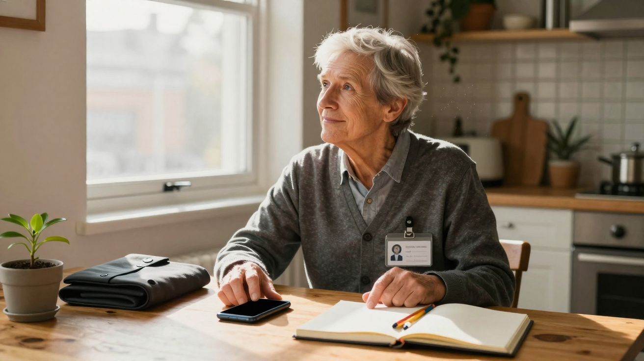 Idoso sentado à mesa com caderno aberto, telemóvel e mala, olhando pensativo pela janela.