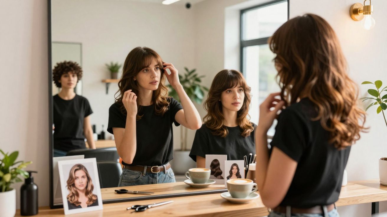 Mulher com t-shirt preta e cabelo castanho médio arranja o cabelo à frente de um espelho num salão.
