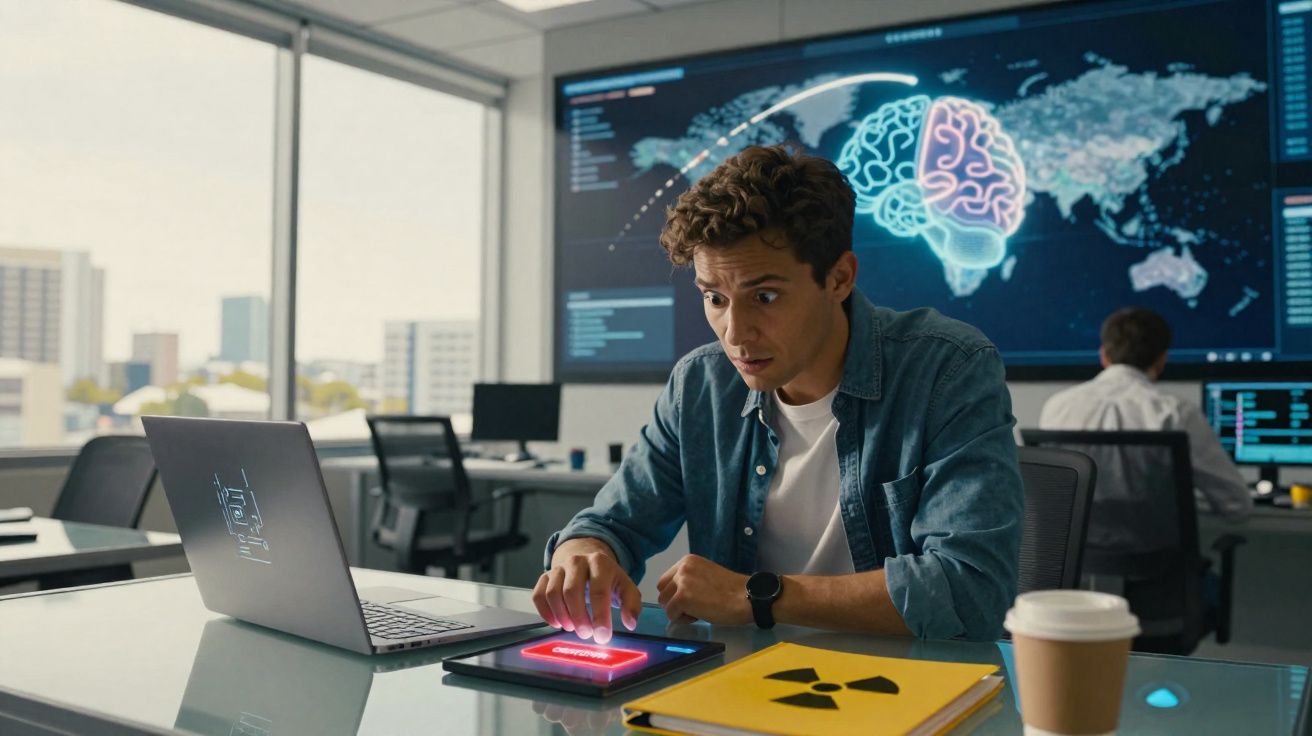 Homem surpreendido a interagir com tablet perto de computador e gráficos digitais de cérebro e mapas numa sala de escritório.