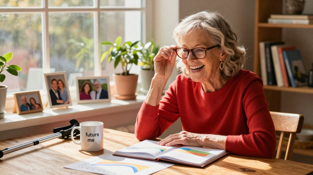 Mulher idosa sorridente com óculos sentada a ler um livro numa mesa com plantas e fotografias.