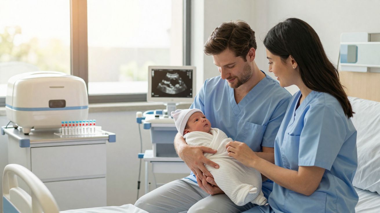 Casal de profissionais de saúde a segurar e observar com carinho um recém-nascido num quarto de hospital.
