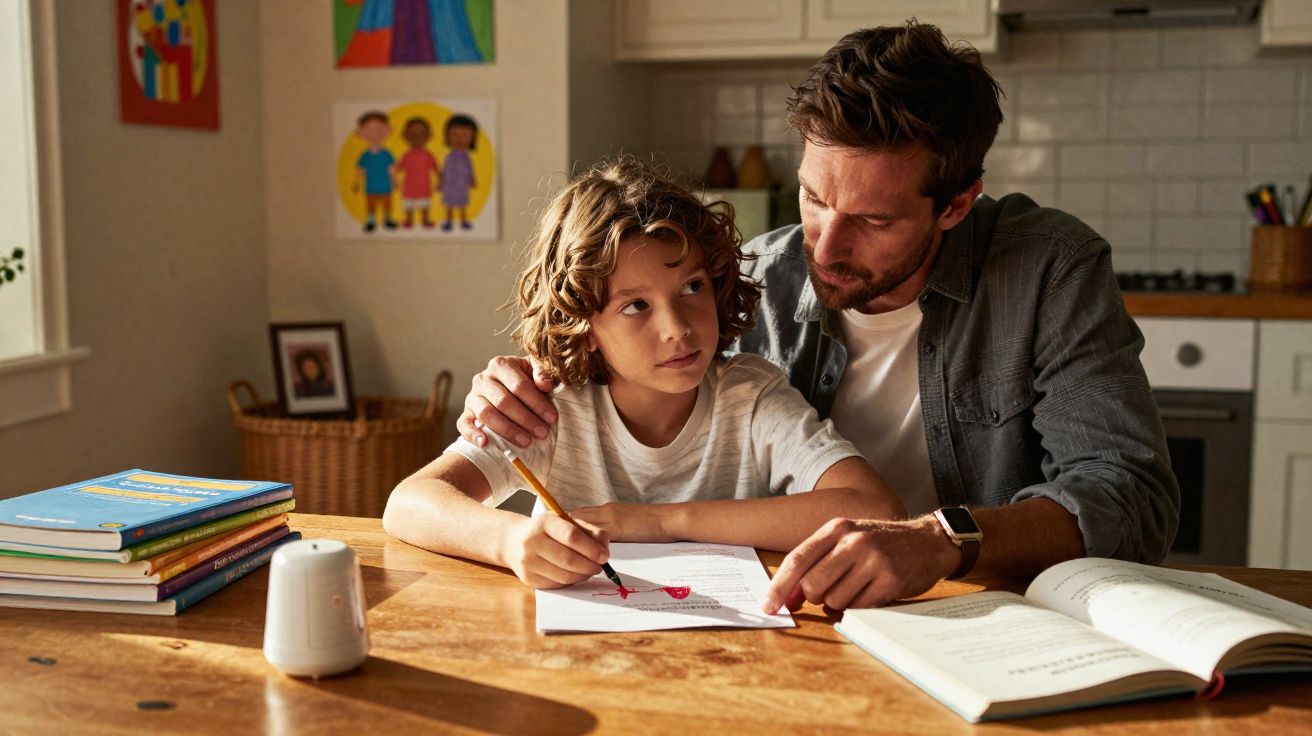 Pai ajuda filho com lição de casa numa mesa de cozinha iluminada pela luz natural.