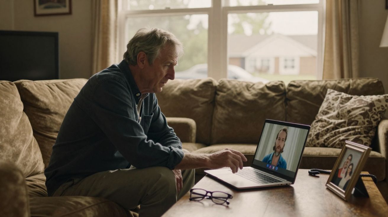 Homem idoso sentado no sofá a fazer chamada de vídeo num portátil numa sala acolhedora.