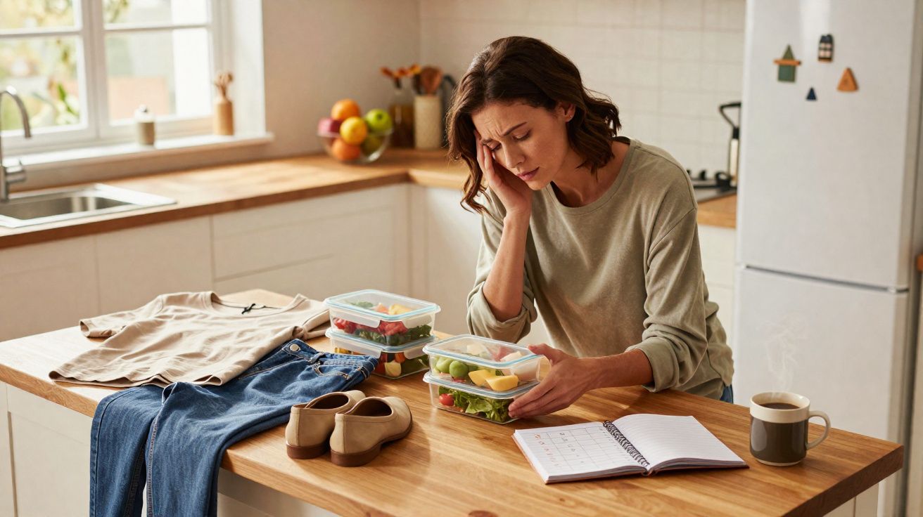 Mulher preocupada a olhar marmitas com frutas e refeições na cozinha, com roupa e agenda na mesa.