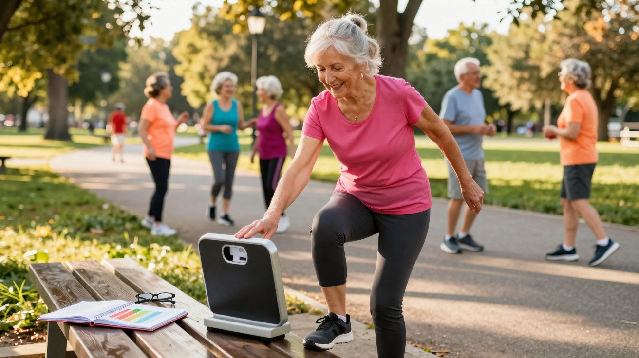 Senhora sénior a fazer exercício ao ar livre num parque com outras pessoas ao fundo.