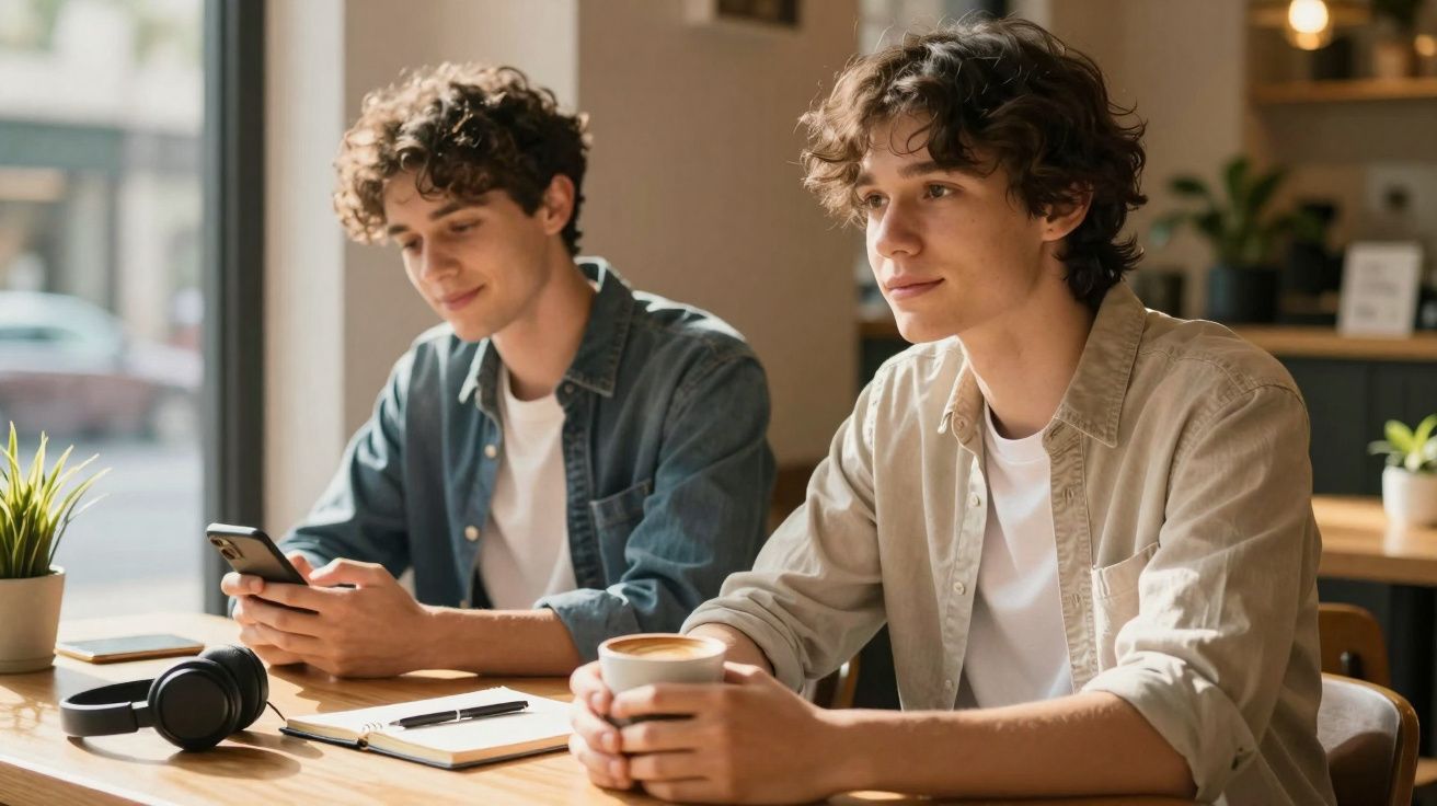 Dois jovens sentados numa mesa de café, um a olhar para o telemóvel e o outro segurando uma chávena.