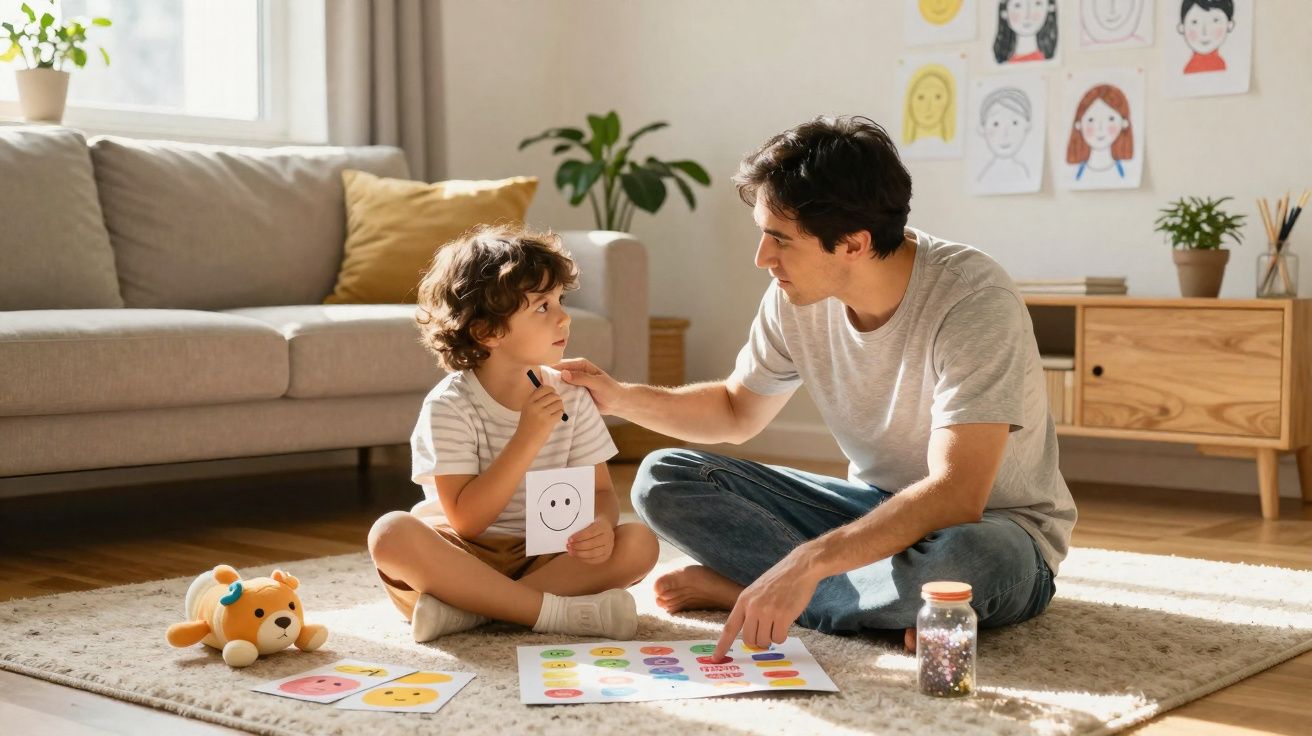 Pai e filho sentados no chão em sala a fazer atividades educativas com cartões de expressões faciais.