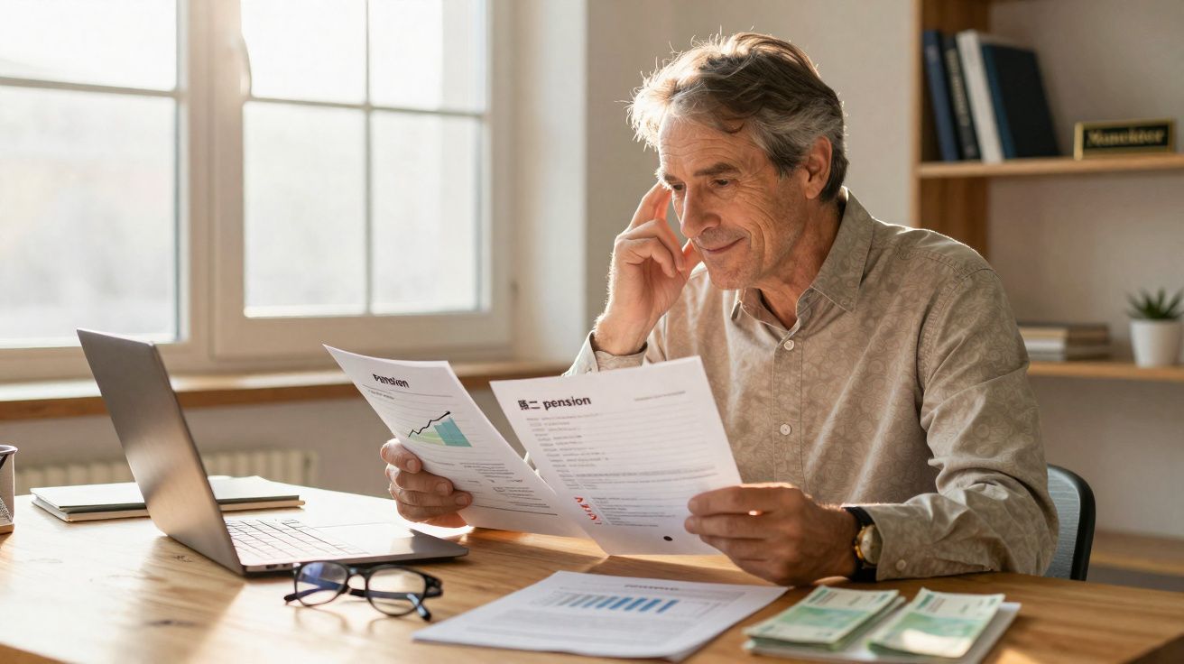 Homem sénior sentado a analisar documentos sobre pensões numa mesa com computador portátil e dinheiro.