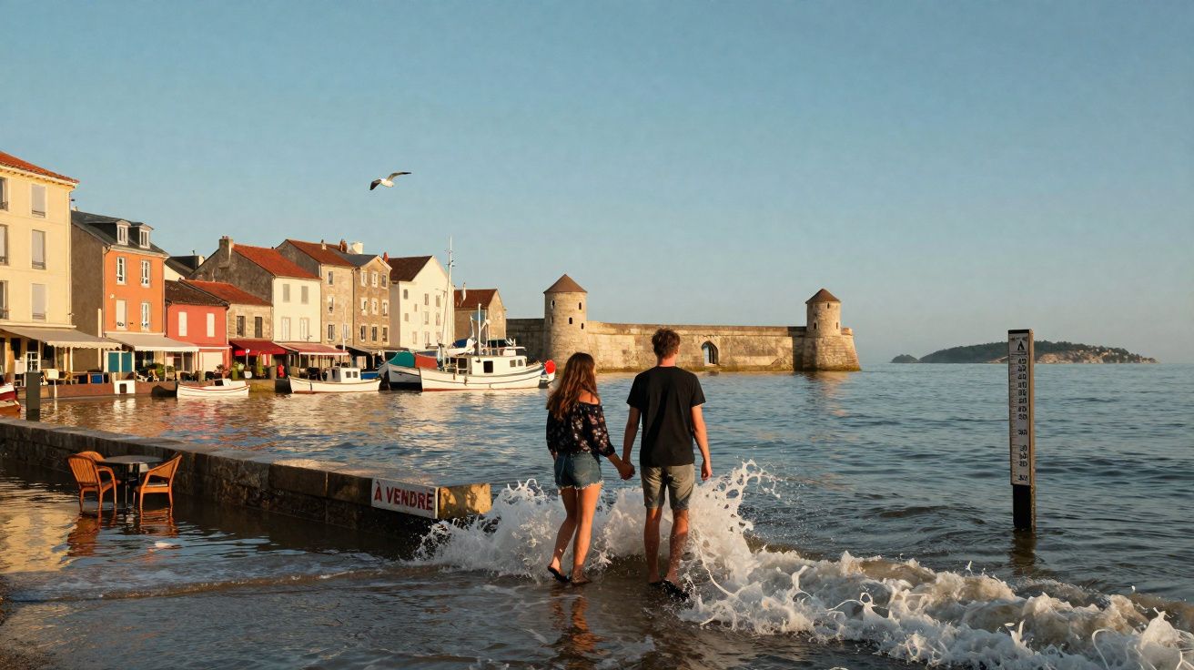 Casal de mãos dadas caminha na margem molhada com ondas, em frente a muralha e casas coloridas ao pôr do sol.