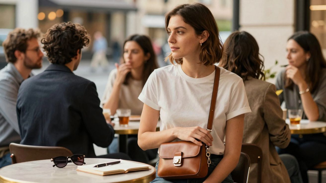 Jovem sentada sozinha numa esplanada, rodeada por grupo de pessoas a conversar, com bolso castanho e t-shirt branca.