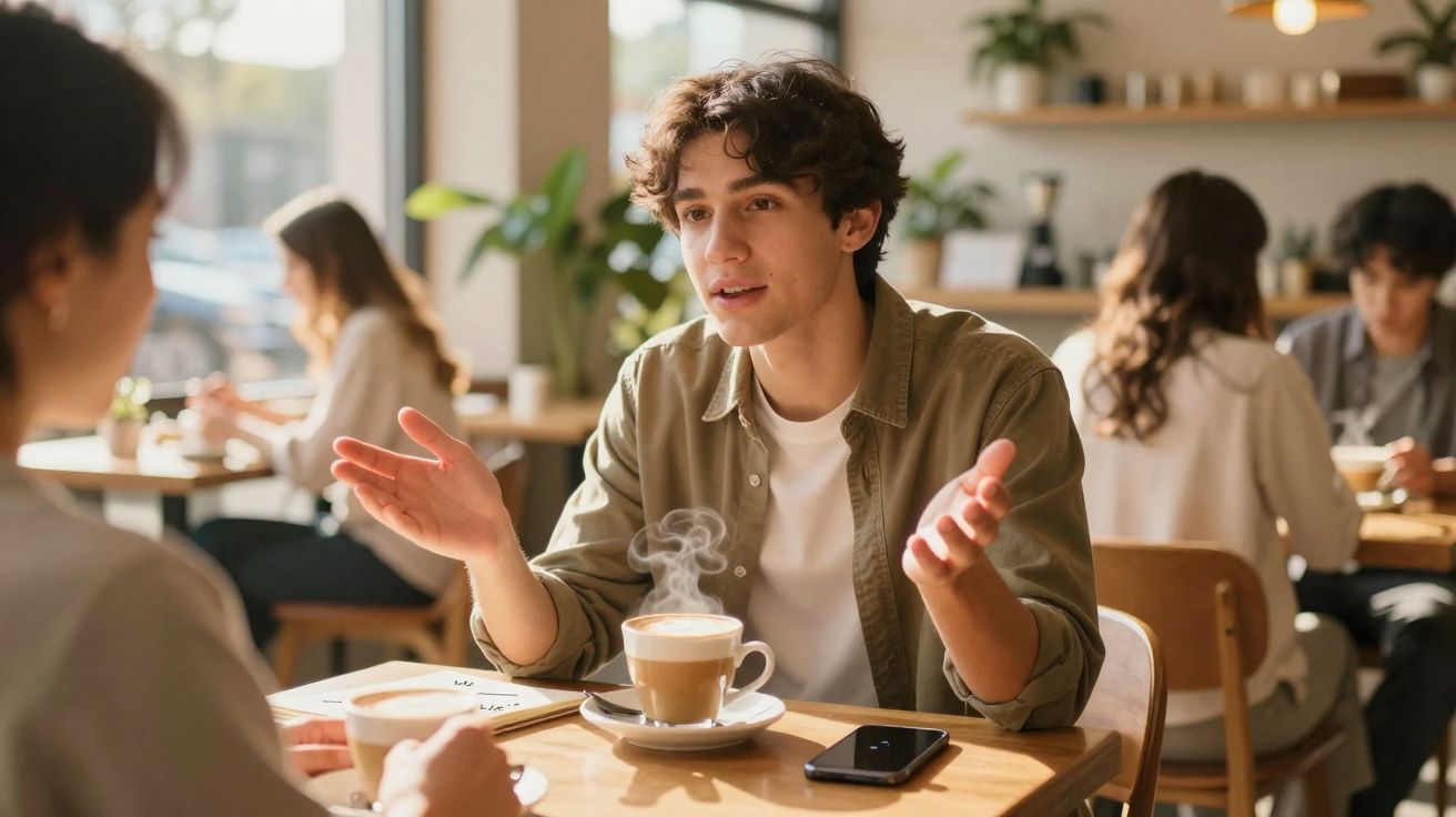 Jovem a falar animadamente com outra pessoa num café, com duas chávenas de café à frente.