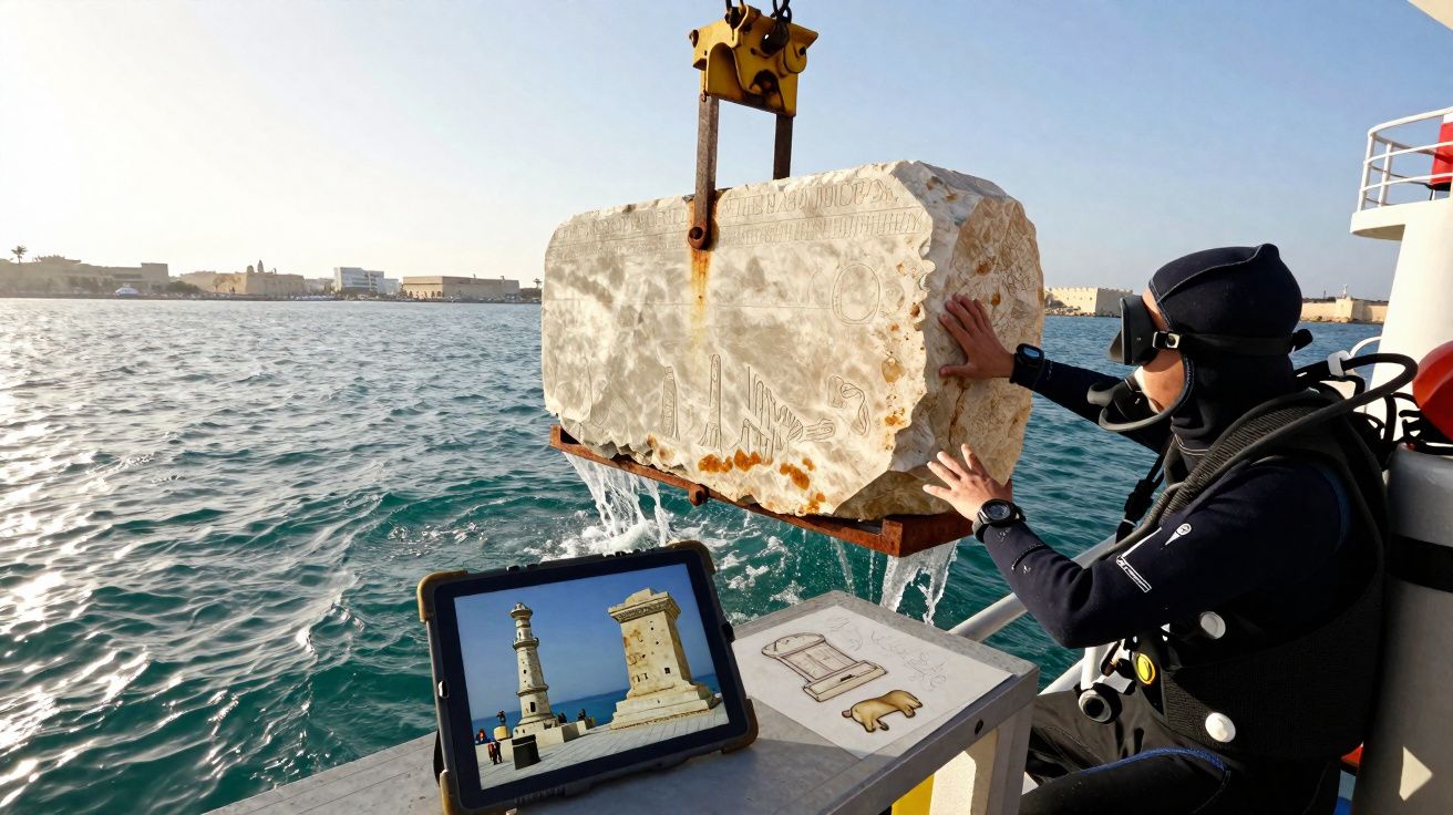 Mergulhador inspeciona bloco antigo de pedra com inscrições, retirado do mar, junto a ecrã com imagens de farol e monumentos.