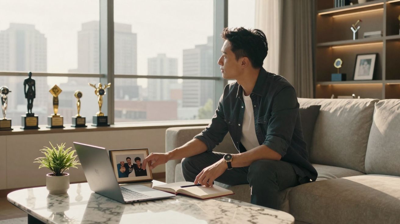 Homem sentado no sofá a olhar pela janela, com laptop, caderno e moldura de fotografias numa mesa à frente.