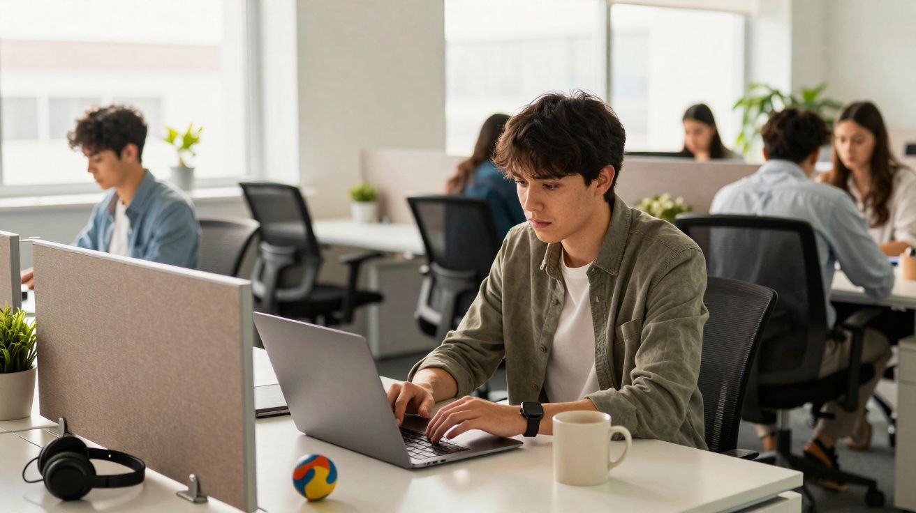 Jovem a trabalhar num escritório moderno com vários colegas ao fundo, usando computador portátil.