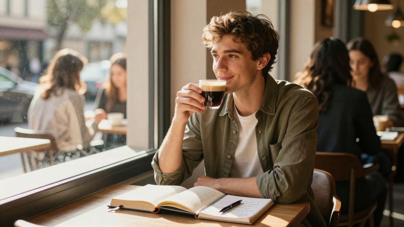 Jovem sentado numa cafetaria a beber café e ler um livro, com caderno e caneta na mesa junto à janela.