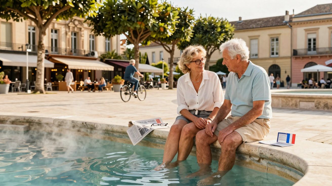 Casal idoso sentado junto a fonte em praça com pés na água e jornais ao lado.